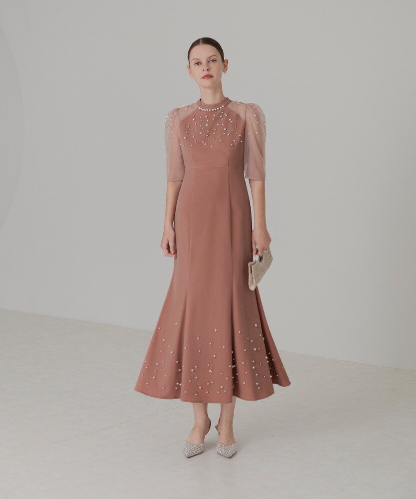 シアースリーブパールビジューベロアマーメイドドレス | レジャ(Leja