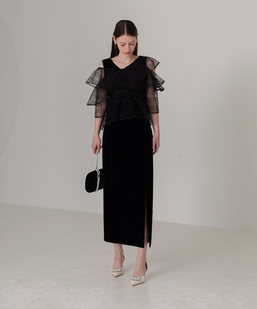 2WAYフリルチェックスパンコールベロアドレス | レジャ(Leja) | マルイ