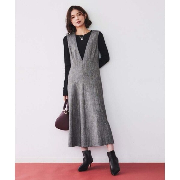 セットアップ可能前後Vネック】ミックスツイード ジャンパースカート