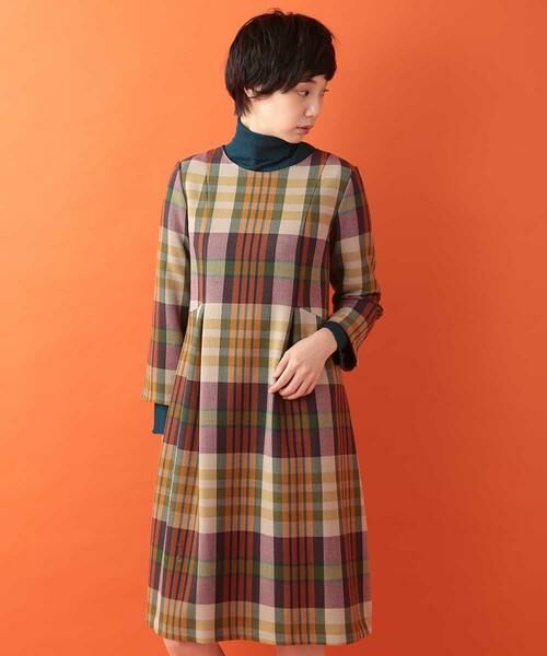 セール】 チェック総柄タックワンピース （ロング・マキシ丈ワンピース