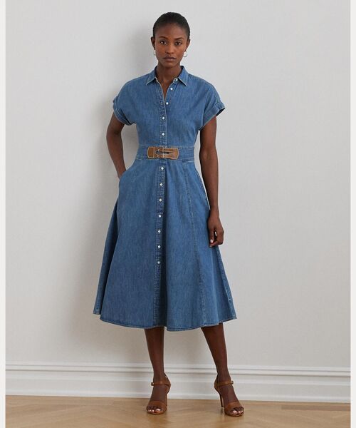 セール】 バックルトリム デニム シャツドレス （ロング・マキシ丈
