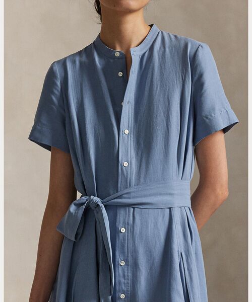 セール】 ベルテッド シルクブレンド Aライン シャツドレス （ロング