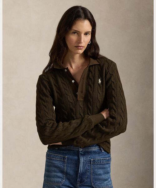 ケーブルニット コットン ロングスリーブ ポロシャツ （ポロシャツ