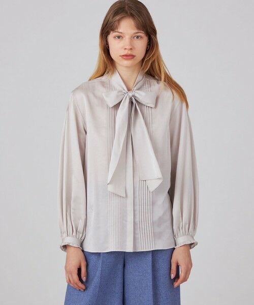 セール】 コットンシルクサテン ピンタックボウタイブラウス （シャツ