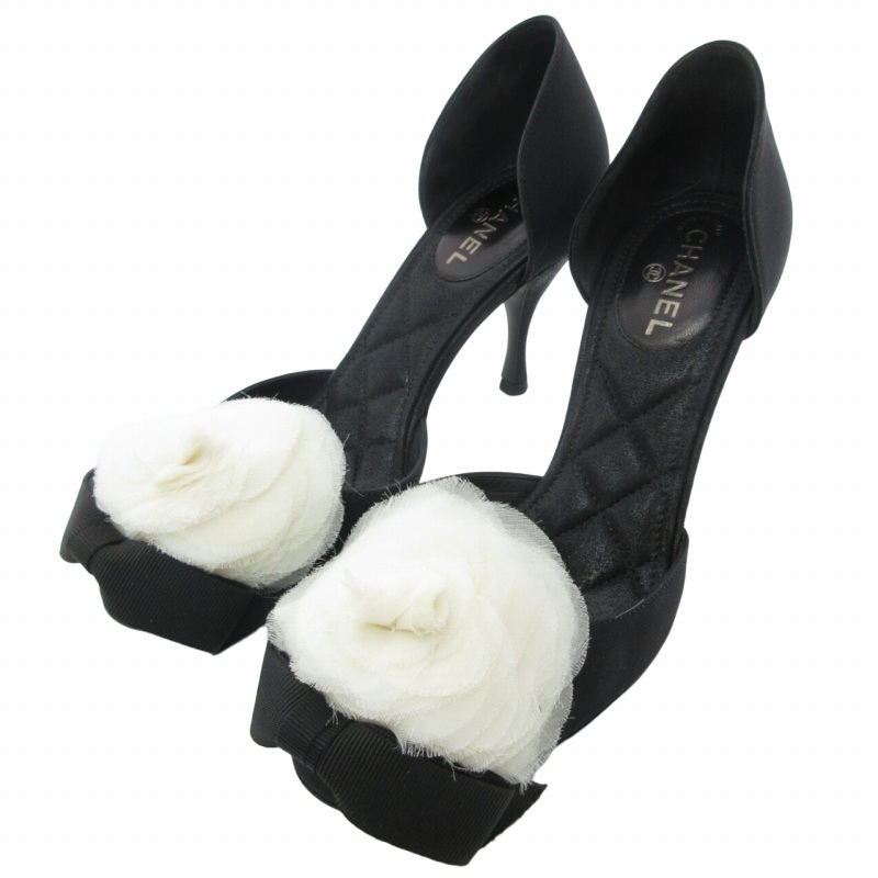 シャネル CHANEL カメリアリボン パンプス マトラッセ シューズ 靴 黒