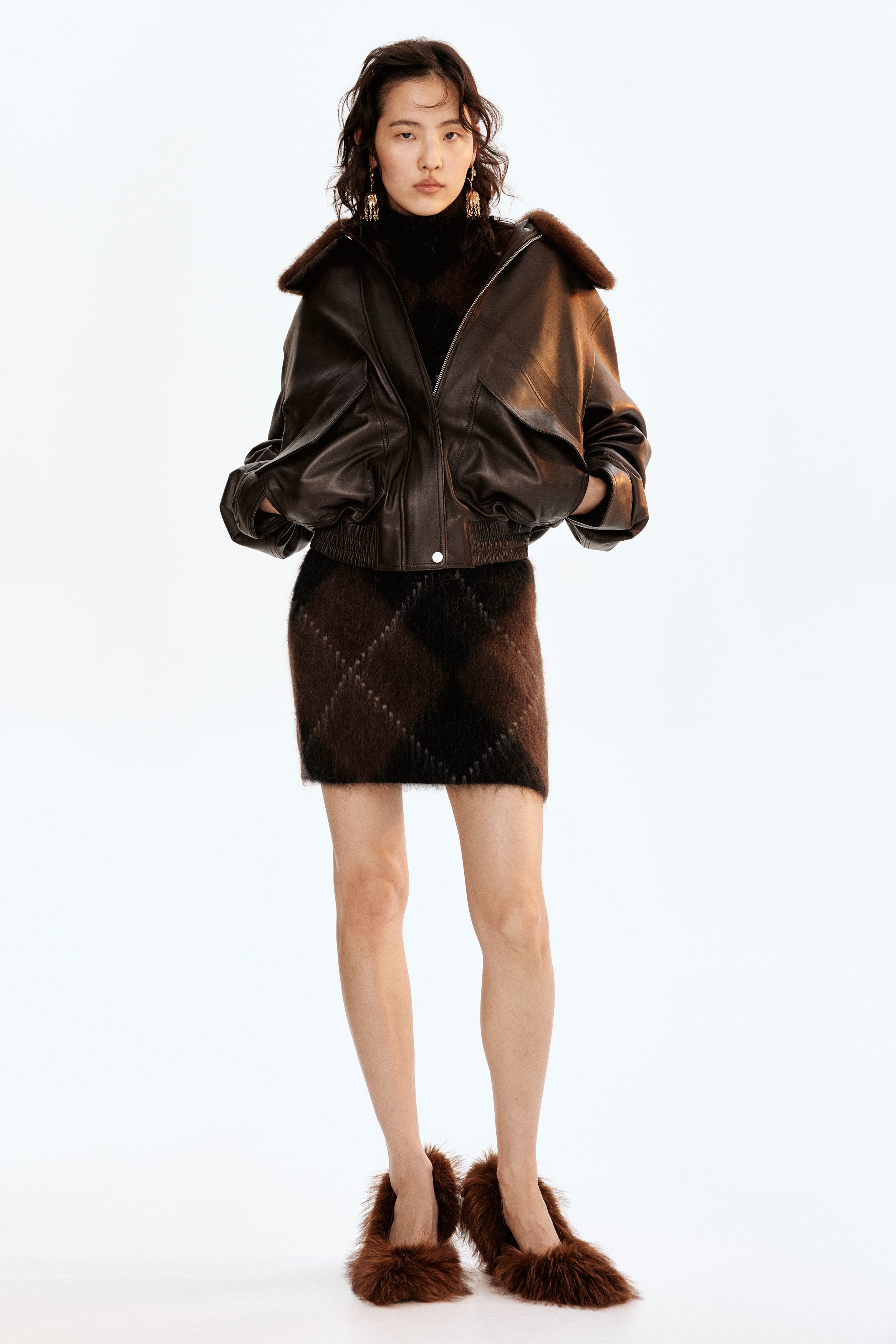 モヘアブレンド ミニスカート - ブラウン／アーガイルパターン