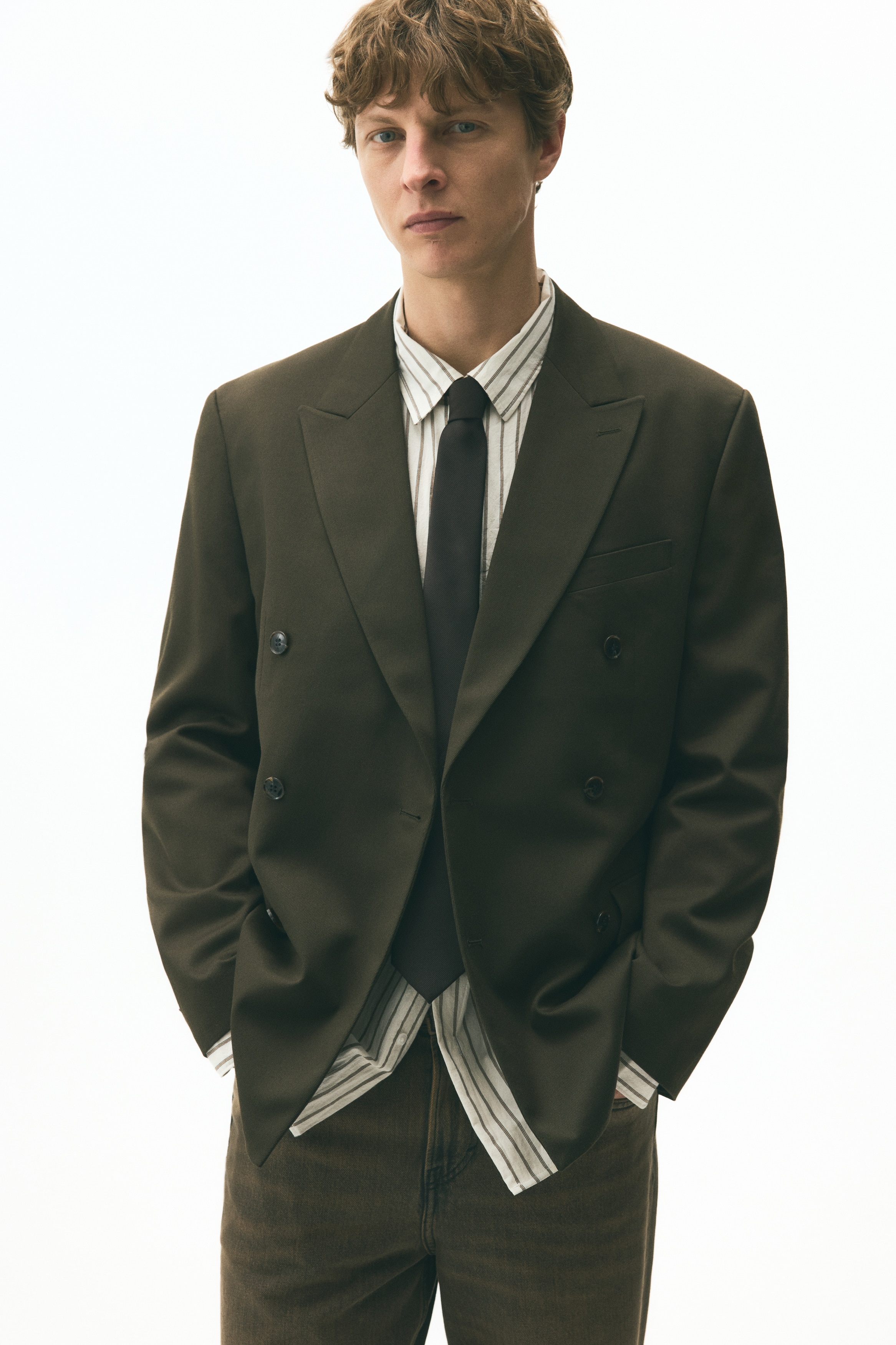 リラックスフィット ダブルブレストジャケット - ダークカーキグリーン