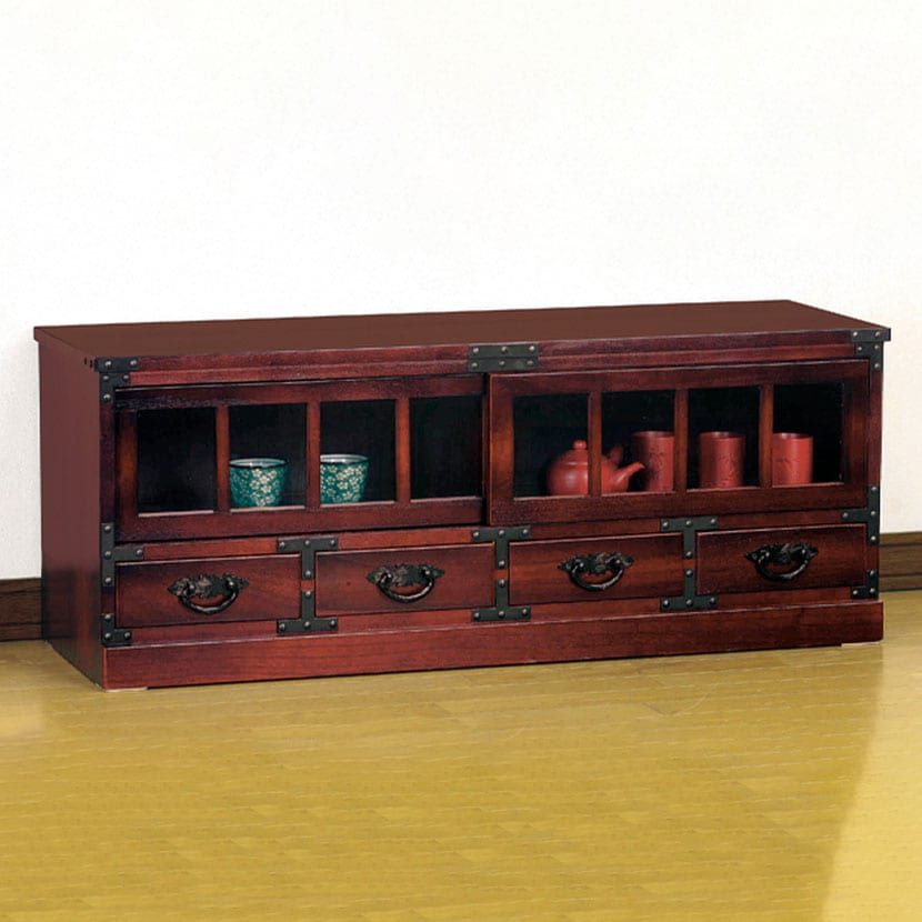 送料無料】 民芸調 ローボード テレビ台 収納棚 引き戸 引き出し 和風