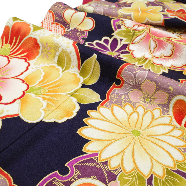 楽天市場】【中古】 振袖 リサイクル 着物 正絹 袷 黒紺地 ダーク