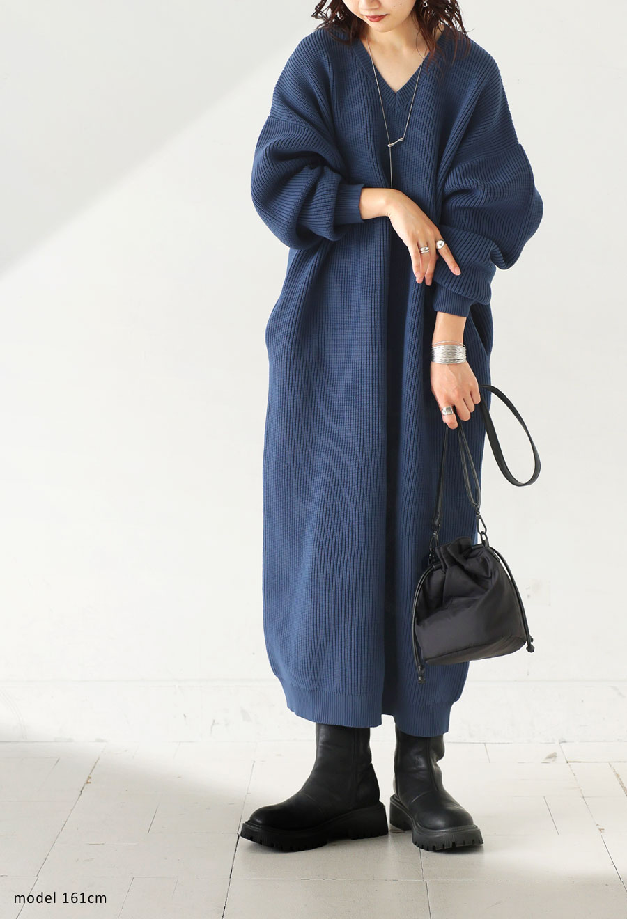 片畦編み ニットワンピース レディース ロング Vネック 送料無料