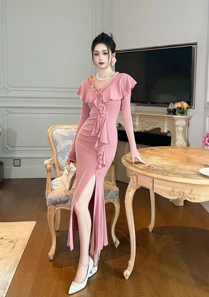 楽天市場】レディース vネック ワンピース レース フリル 長袖