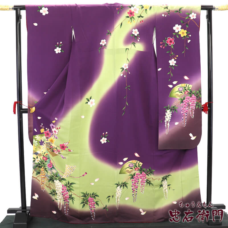 中古】 振袖 長襦袢付き 2点セット 成人式 振り袖 正絹 紫 藤 簾 地紙