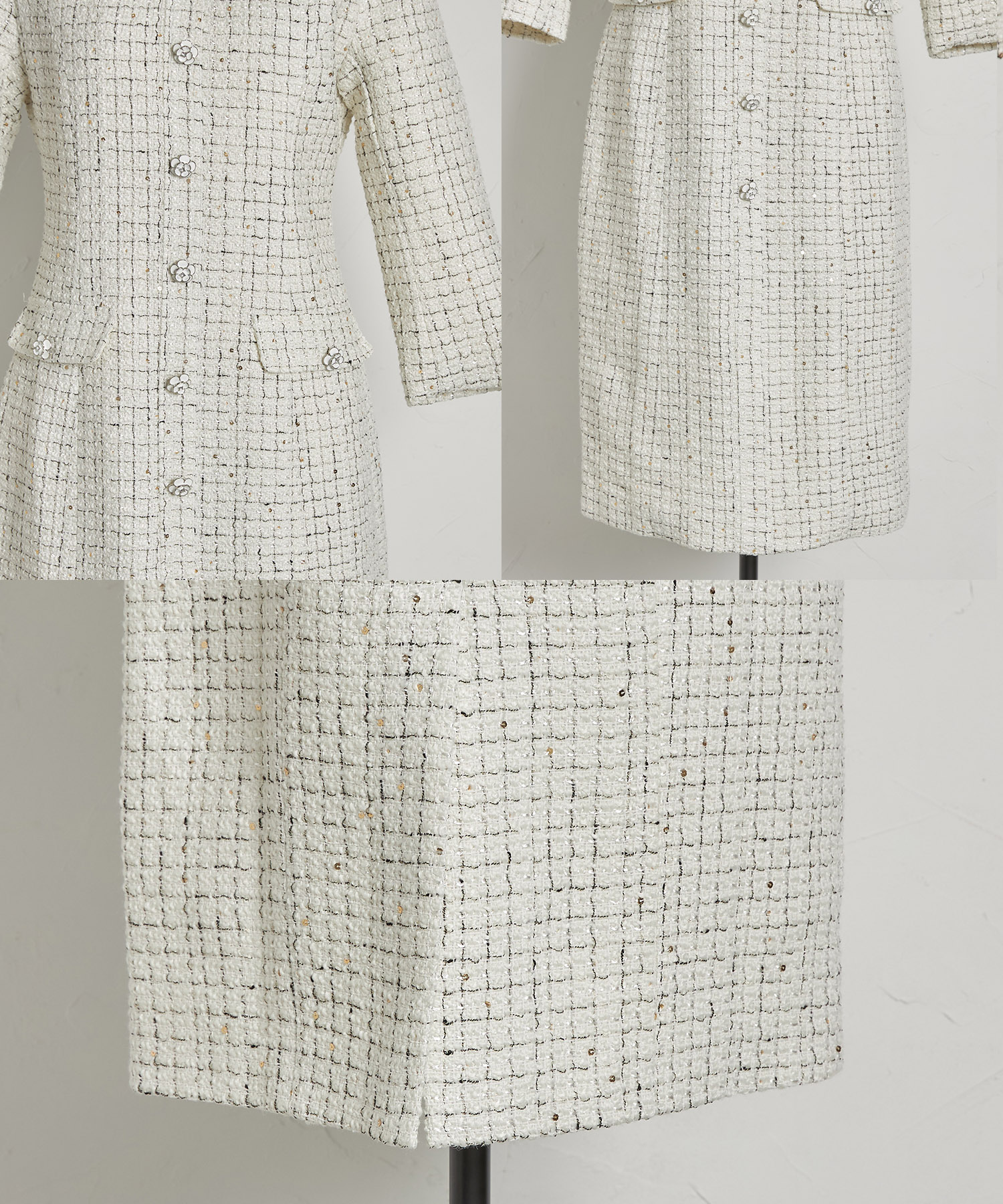 フラワー飾り釦付きスパンコールツイードタイトワンピース