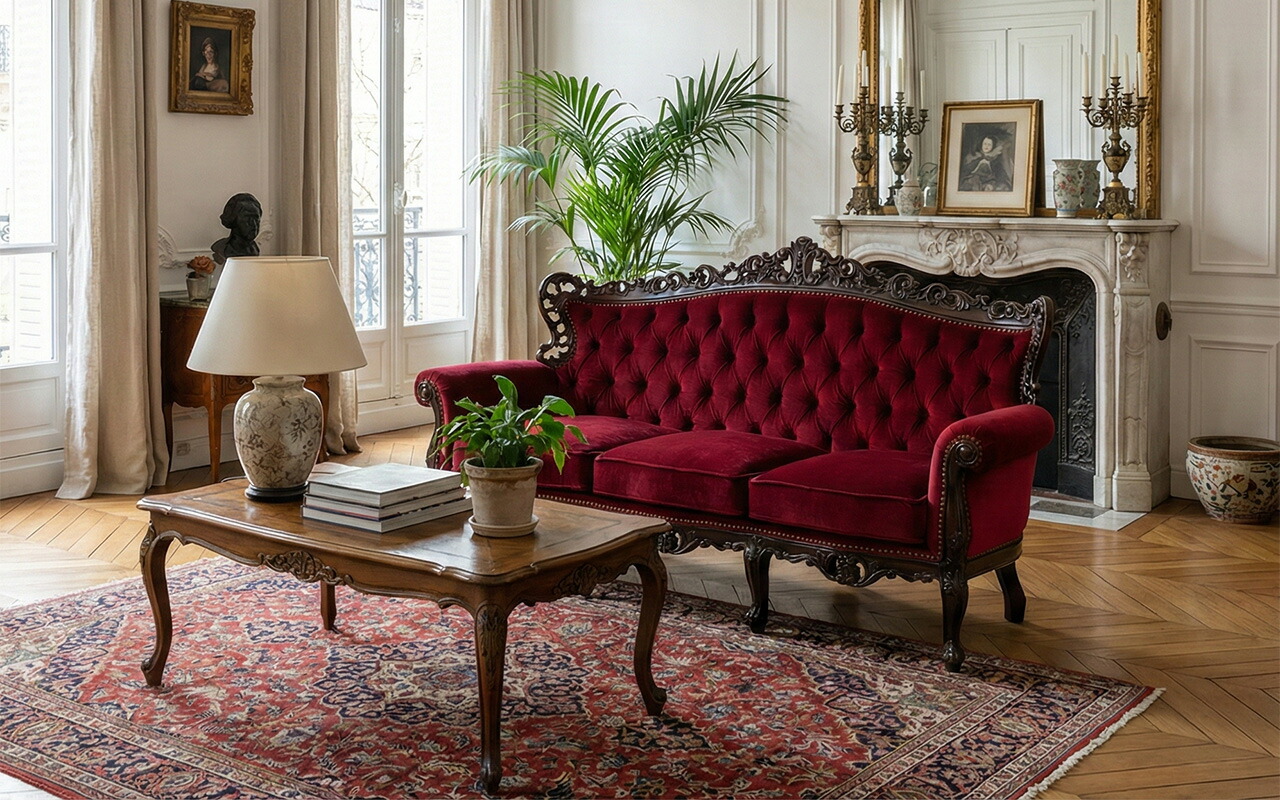 新年SALE～1/5迄☆ロココ調☆アンティークソファ☆どっしり重厚感 ロココ調 ソファ ソファー レッドダマスク 1008-1-5f101b