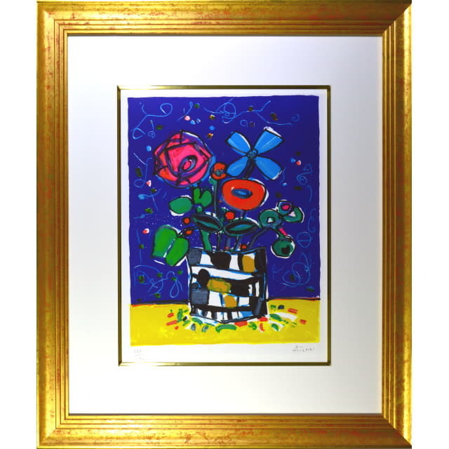 ポール・アイズピリ「青い背景の赤いバラ」リトグラフ 直筆サイン入り