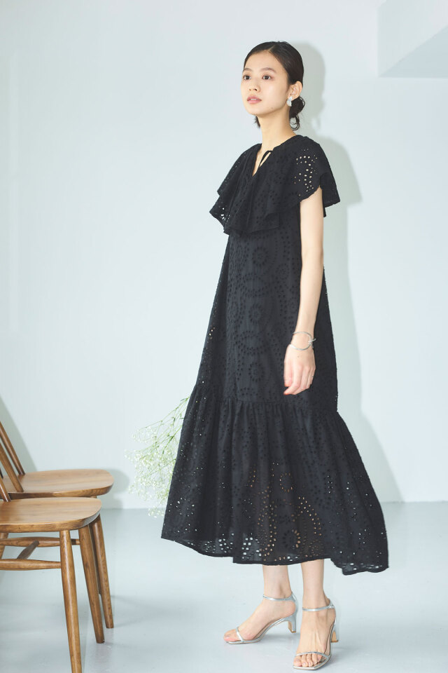 コットンレースフレアカラーワンピース