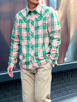 TMT チェック シャツ メンズ レディ―ス グリーン オレンジ ダブル