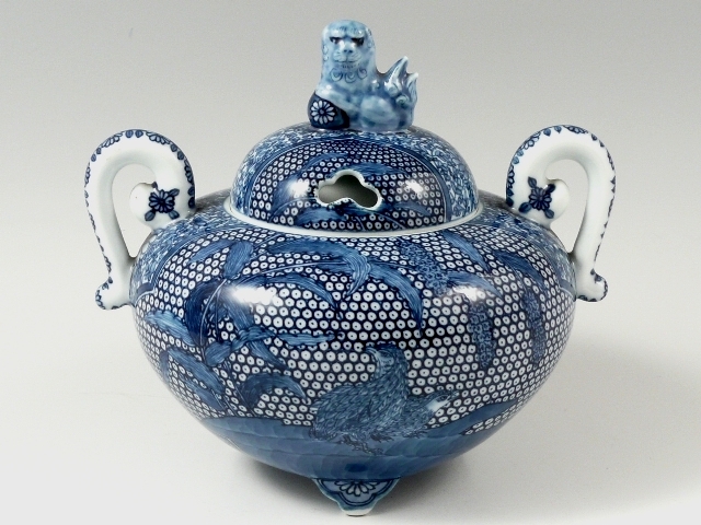 村上玄輝 作品】染付鶉粟図 耳付香炉