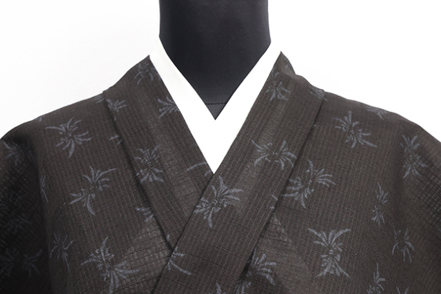 綿麻 紅梅 夏着物 越後型染 紺仁工房 束ね熨斗 黒