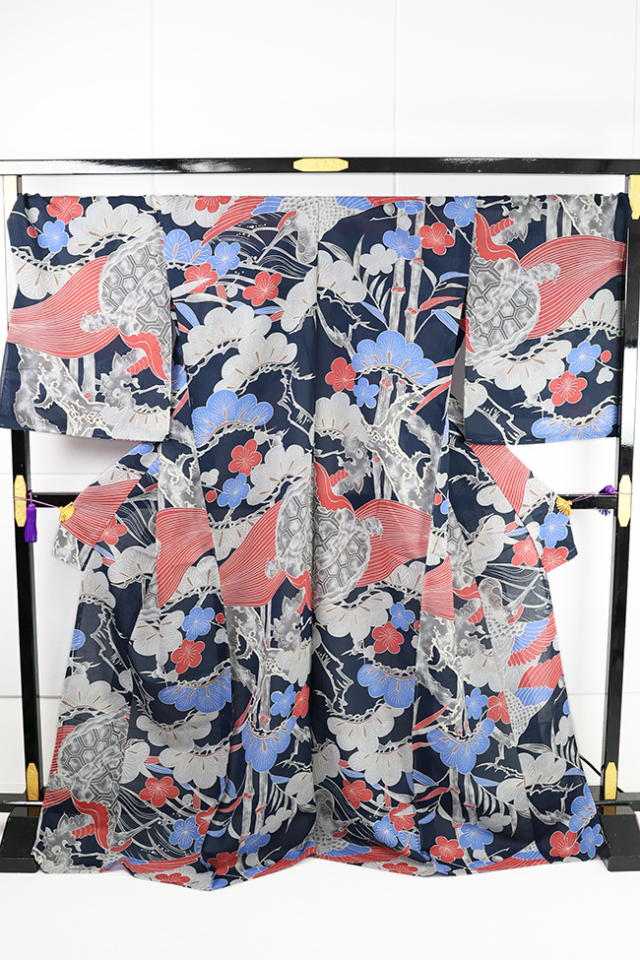 誉田屋源兵衛 絵羽浴衣(ゆかた) 綿 和紙 吉兆亀鶴 紺×赤 ◇男女