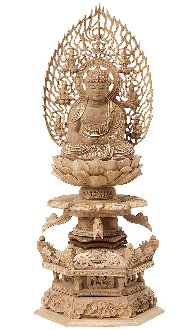 総白檀 六角台座ケマン付 座釈迦 飛天光背 金泥書 2.0寸～3.0寸 | 激安