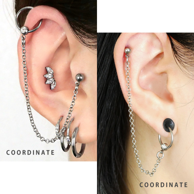 ボディピアス 2つのホールを繋げる ロングチェーンバーベル#リング/16G