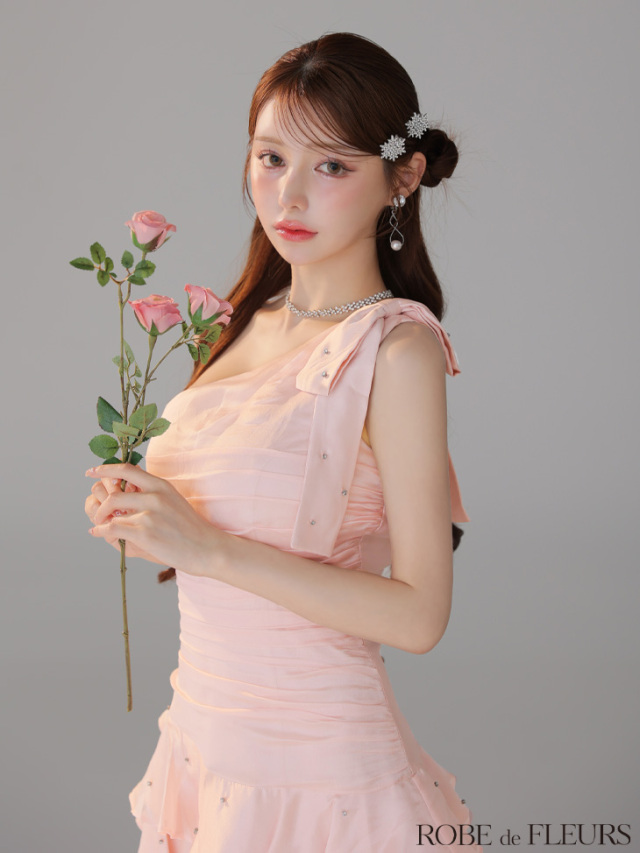 XSサイズあり】サテンワンショルダーリボンティアードフレアミニキャバ