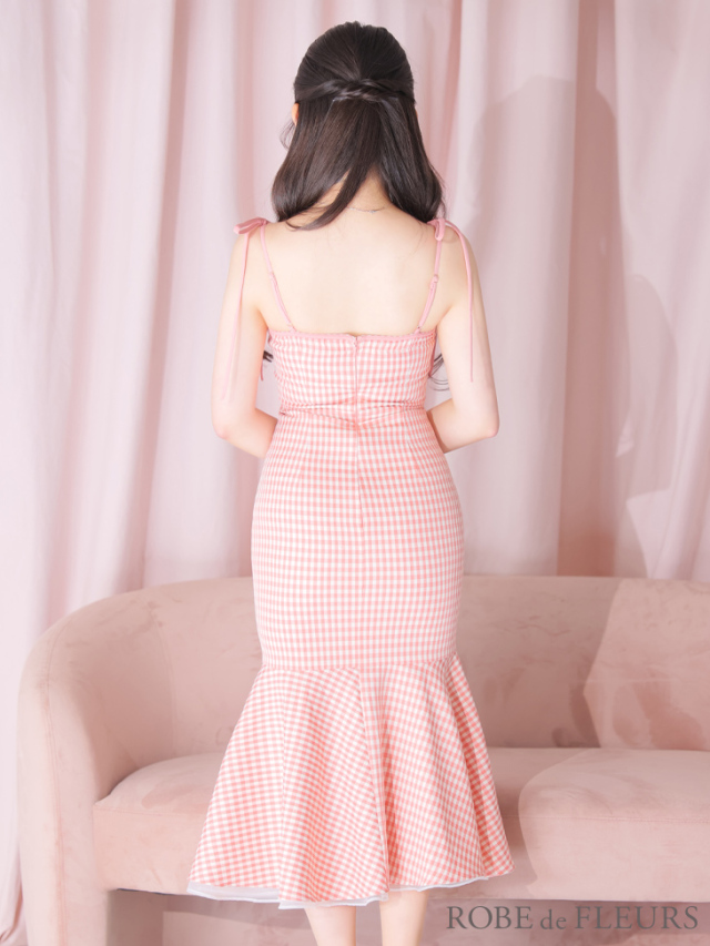ショルダーリボンギンガムチェックマーメイドキャバドレス(fm3248)