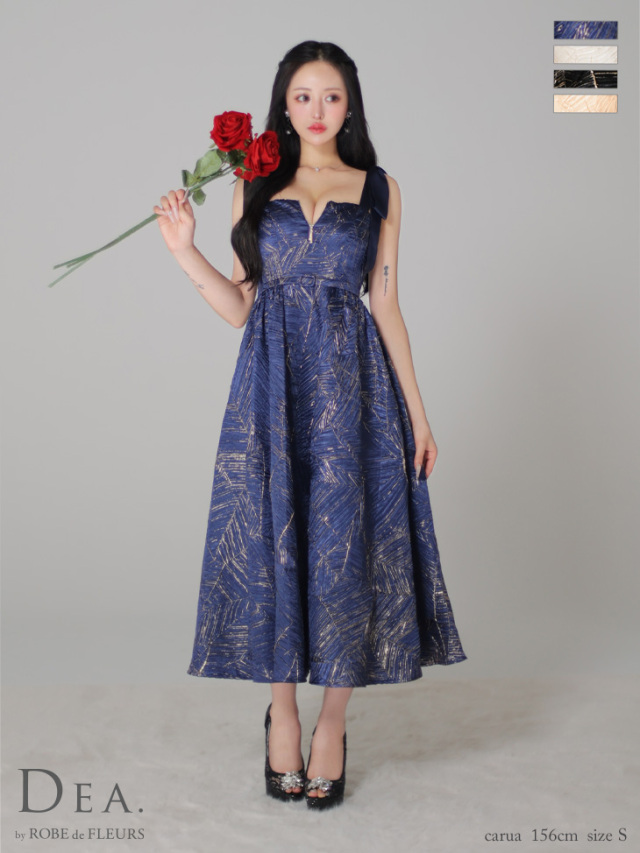 Lサイズあり】ジャガードフレアサテンリボンロングキャバドレス(DE3268)