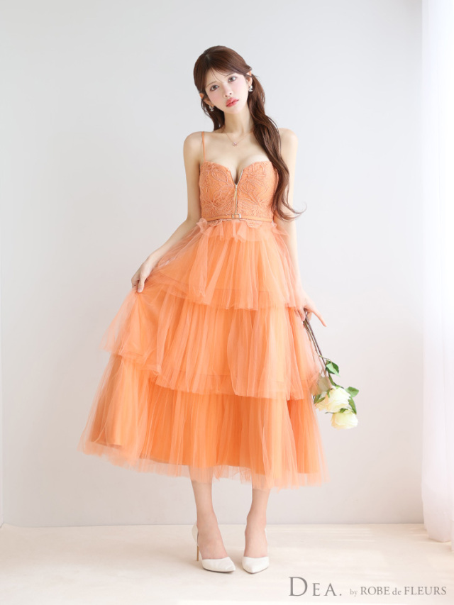 XS～Lサイズあり】レースティアードチュールフレアロングキャバドレス