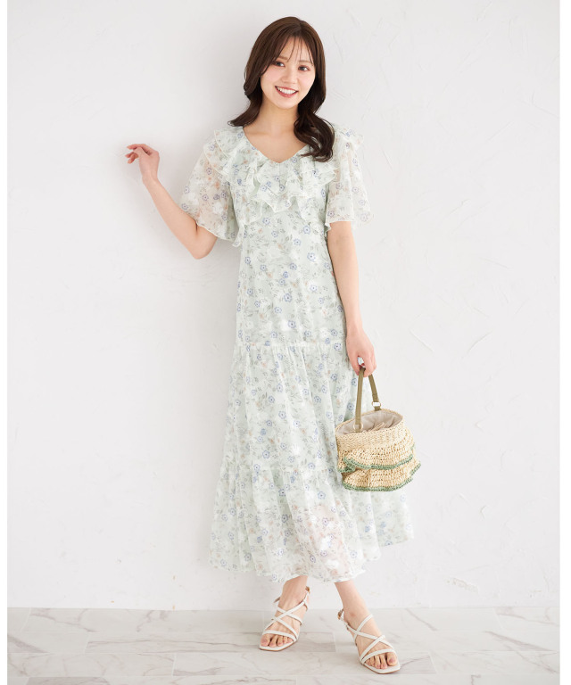 ウエストりぼん付きラッフルフリルフラワープリントティアードワンピース