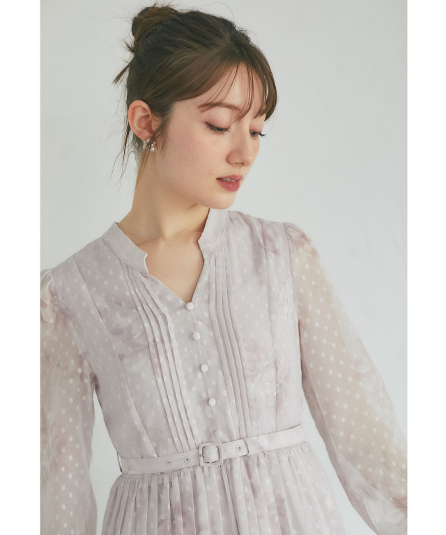 ベルト付きオパールドット×フラワープリントティアードワンピース