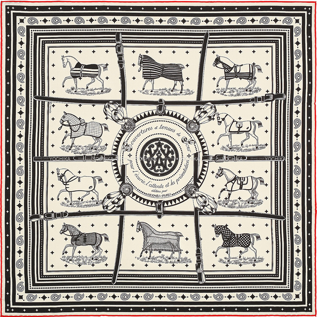 HERMES エルメス スカーフ バンダナ カレ55 馬着 クリーム/黒