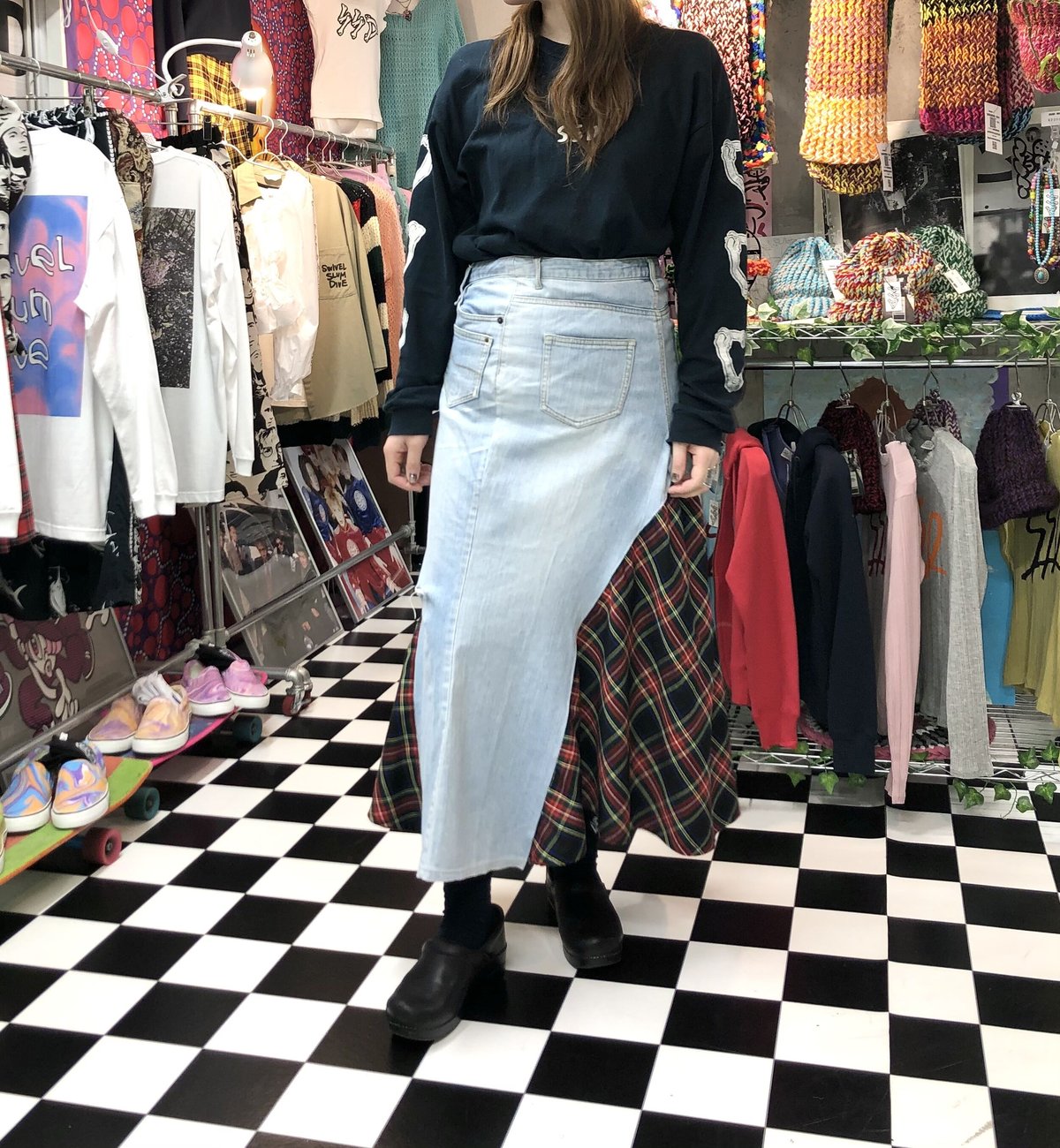 リメイクデニムロングスカート:タータンチェック:アイスブルー