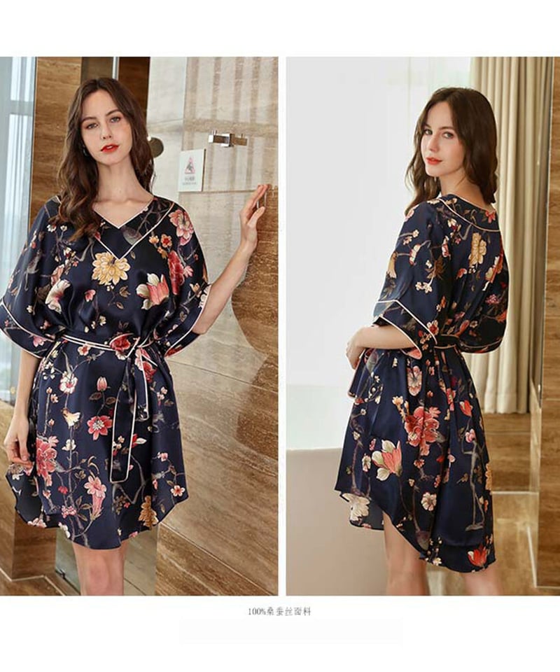 シルク100%絹 美肌保湿 丸首 長袖パジャマ 上下セット F 花柄ピンク