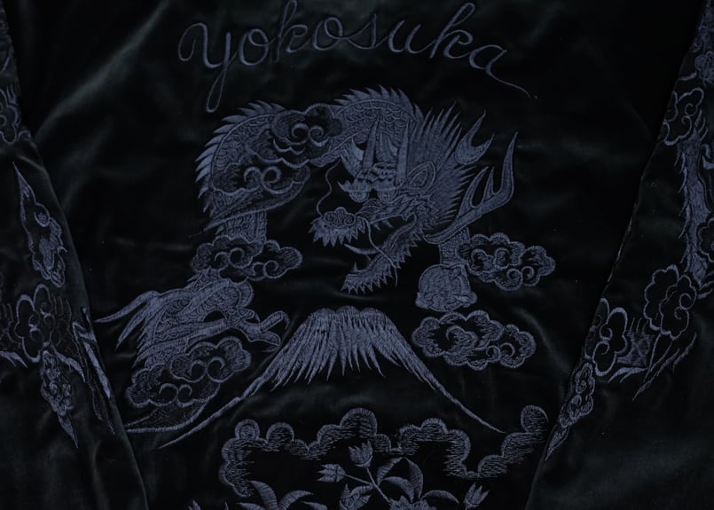 別珍黒刺繍】三笠謹製 オリジナル別珍スカジャン 花龍 綿無薄手 日本製