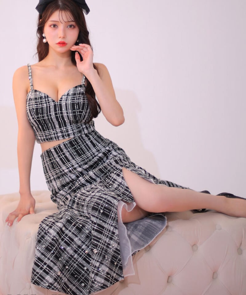 XS～Lサイズあり】ラメチェックツイード×オーガンジー ロング