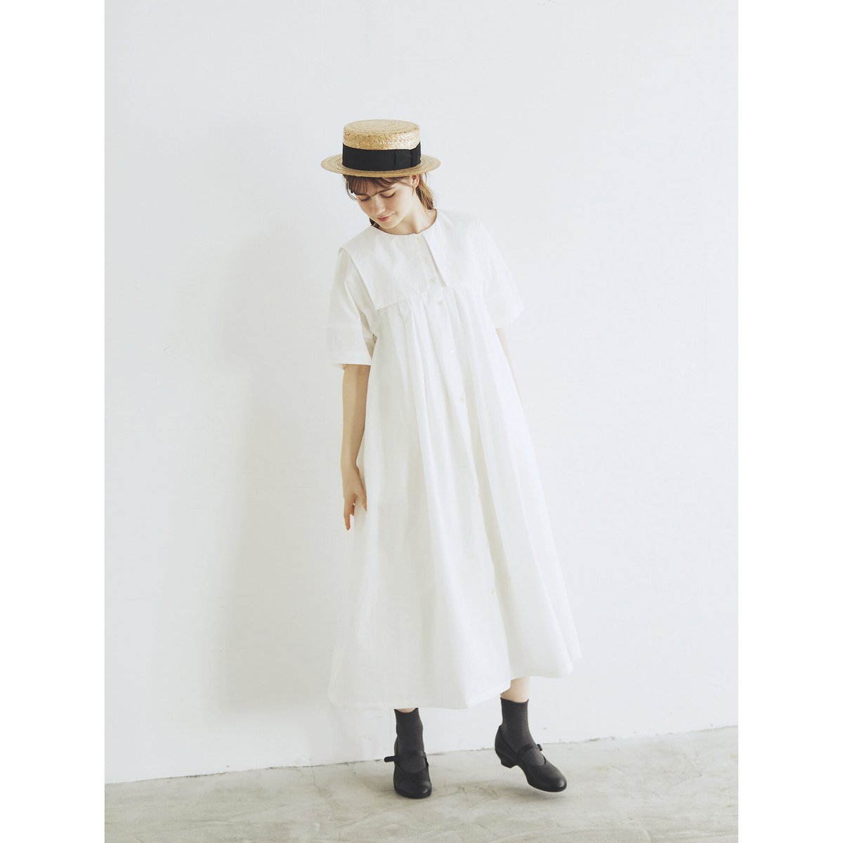 OP160WH天日干しコットン・スクエアカラー・ワンピース／オフホワイト
