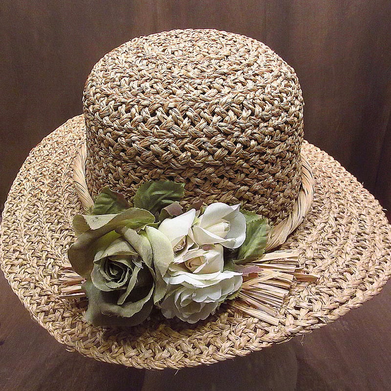 ビンテージ○レディース花飾り付きストローハット○210607n2-w-ht-str