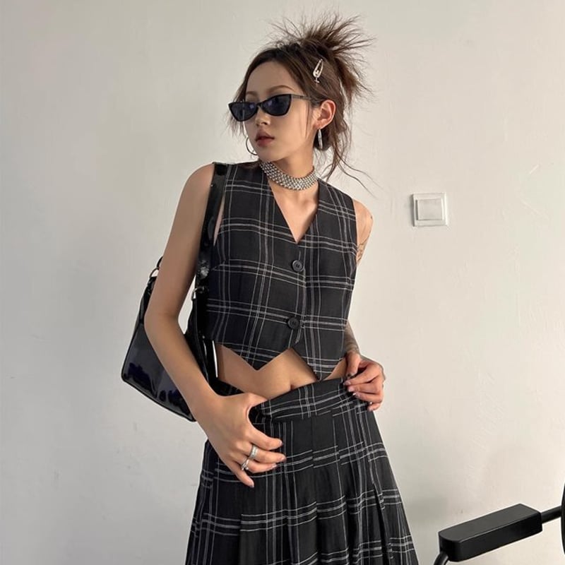 セットアップ】チェック柄 ベスト＋ロングスカート ジレ スカート