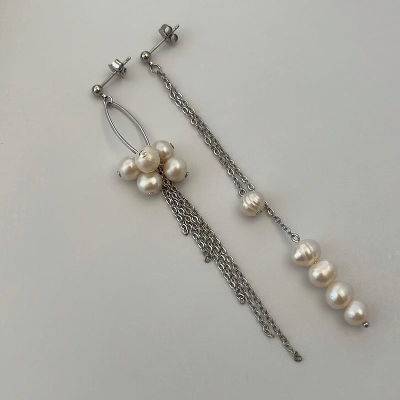 silver］淡水パール ロングチェーンピアス/イヤリング/サージカル