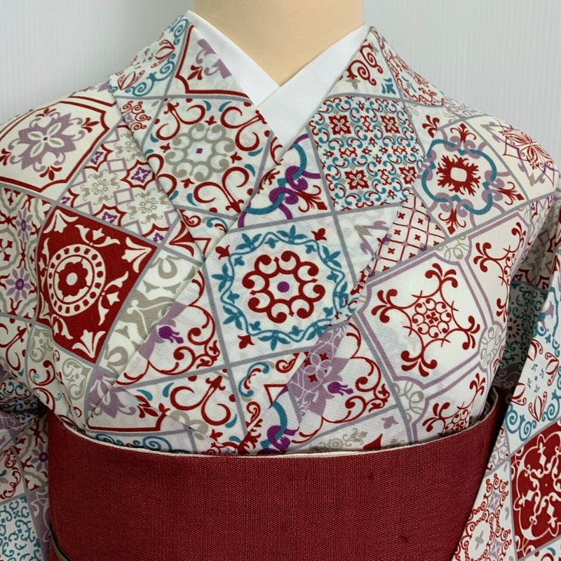 撫松庵 セオα 浴衣 夏着物 タイル 白地 赤 | 和gen