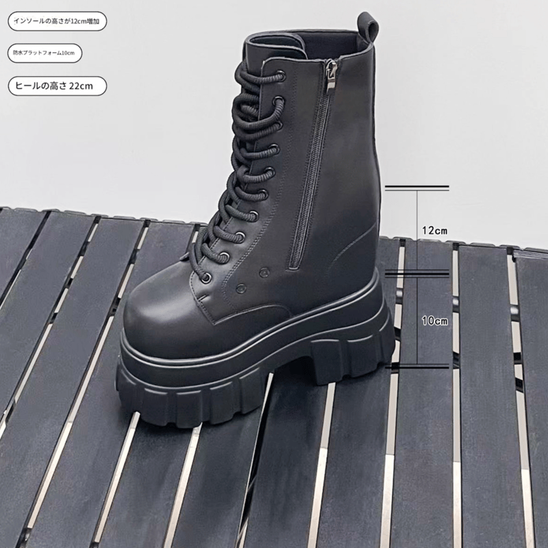 22㎝】シークレットブーツ レースアップ ショートブーツ ブラック 10