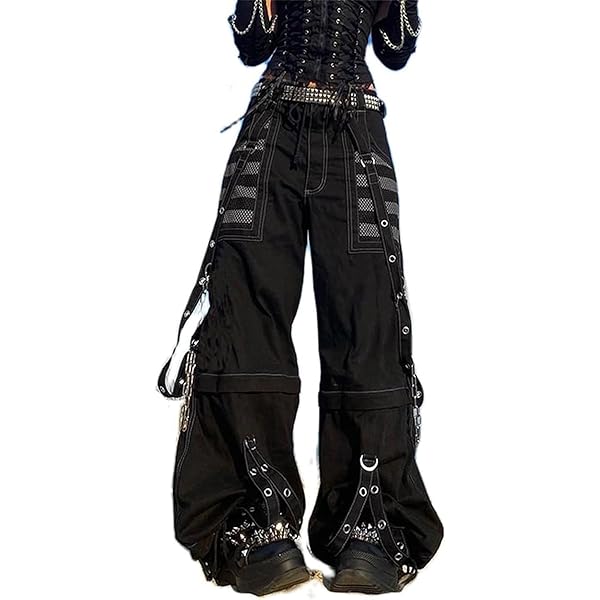 Womens Gothic Punk Cargo Pants High Waist Flare Pants Wide Leg