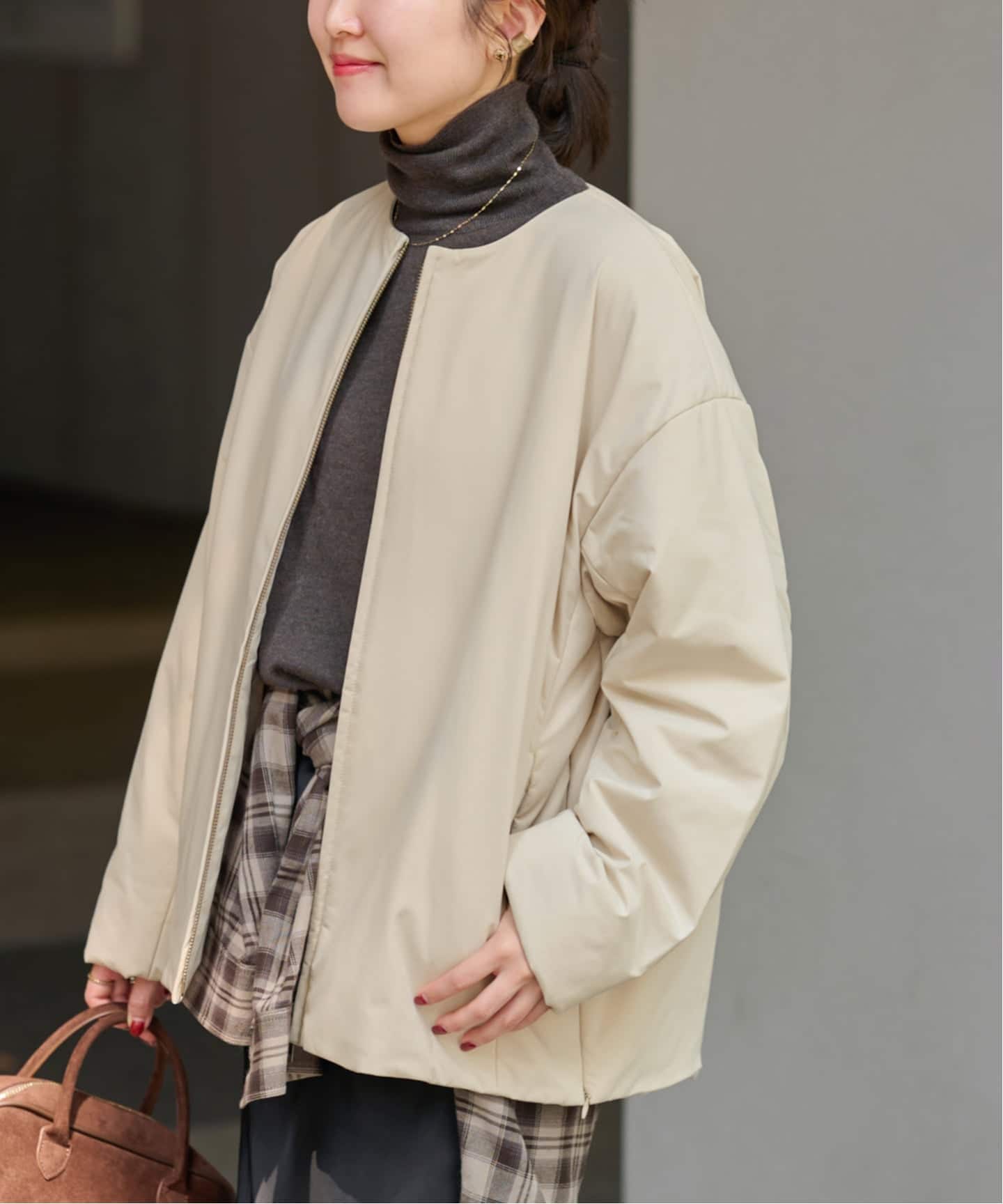パフィーノーカラーサイドジップブルゾン（中綿・キルティング