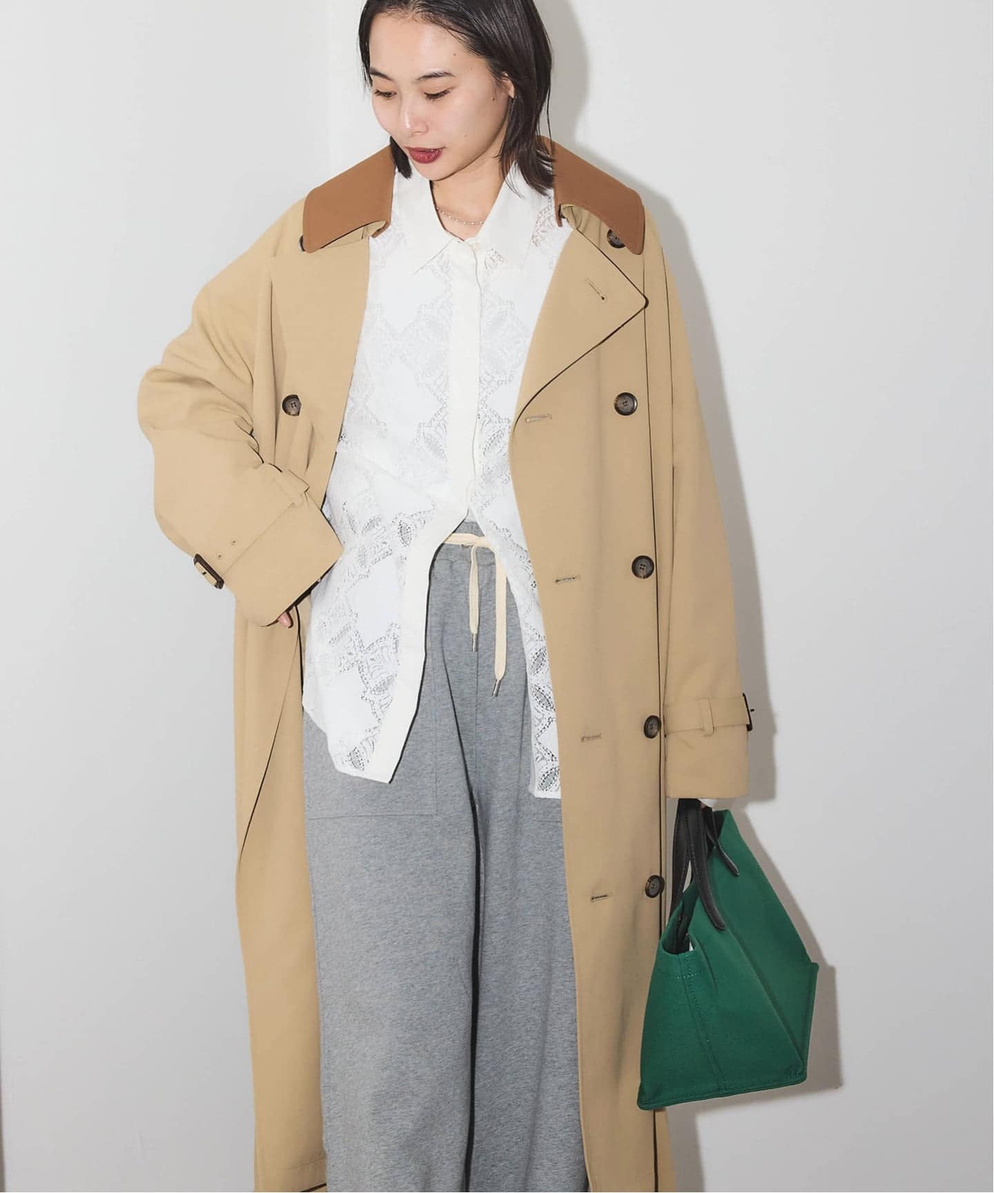 ポリエステルギャバダブルカラートレンチコート（トレンチコート