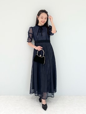 LEJA】ウエストマークパフスリーブ総レースロングドレスワンピース美脚