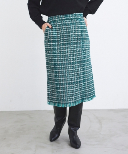 PerlePecheファンシーミックスツイードフリンジスカート/le.coeur