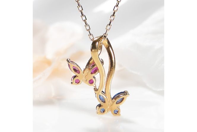 ネックレス K18YG イエローゴールド ブルーサファイア ルビー 蝶