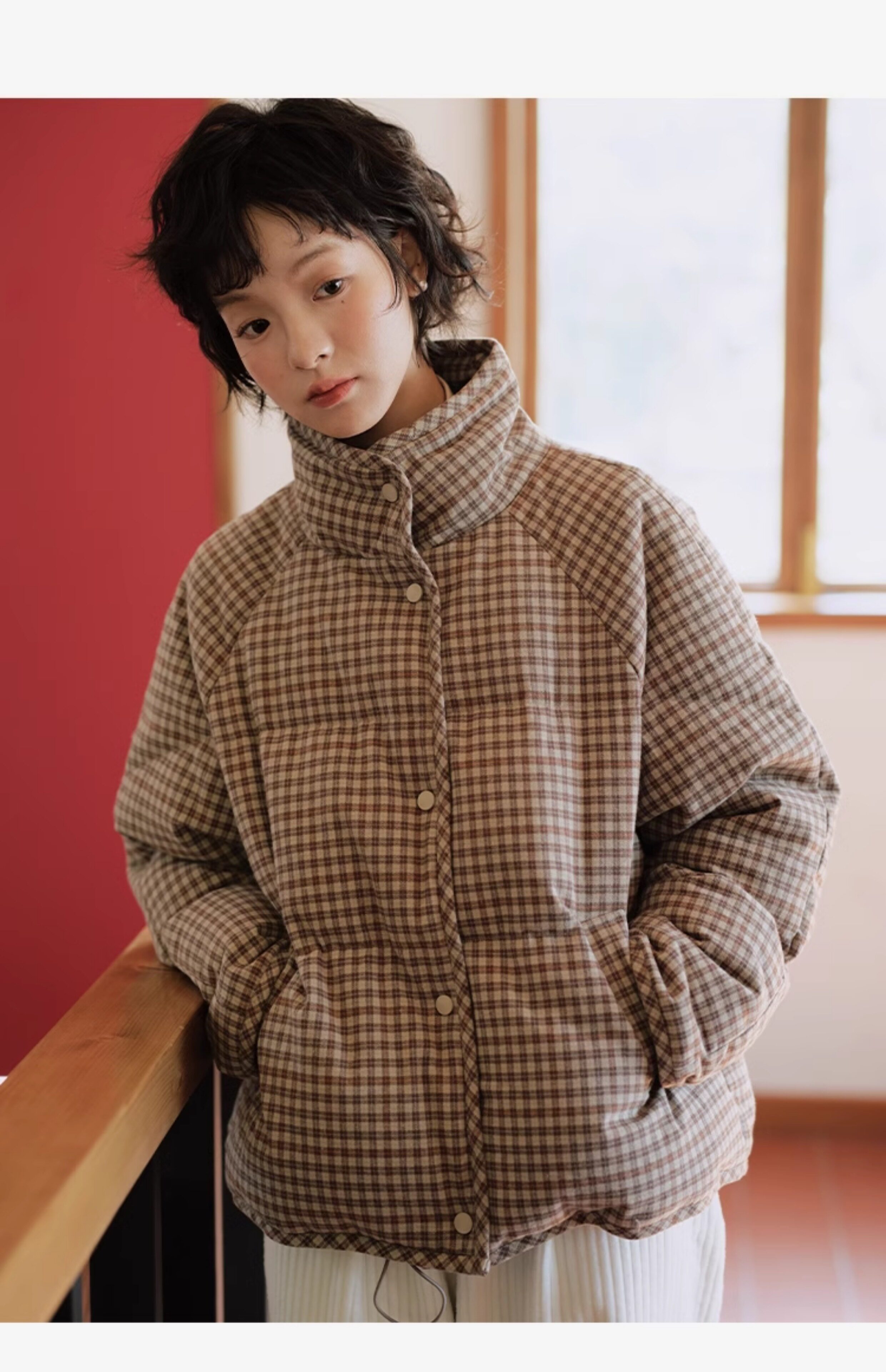 チェック柄スタンドカラー90ホワイトダックダウンジャケット